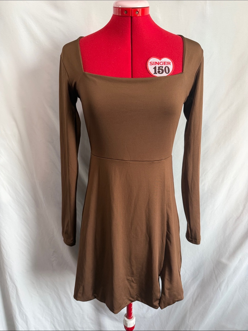 Square-Neck Long Sleeve Dress in Brown
